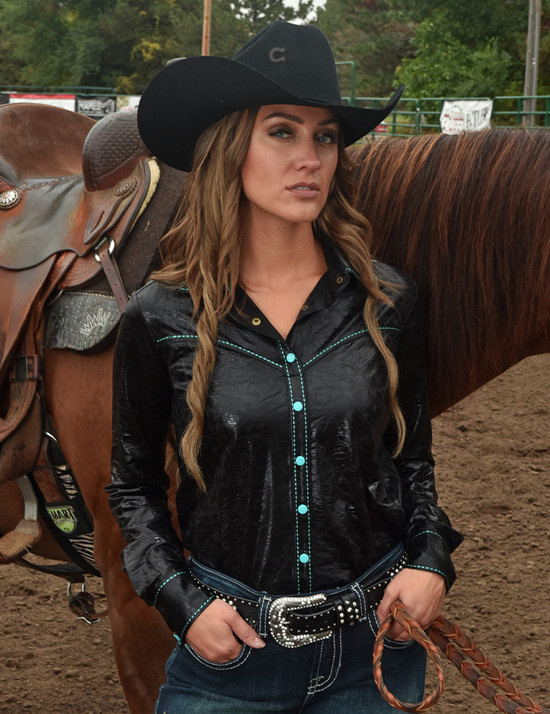 Pullover Button Up (Black Mid-weight Shiny with turquoise stitch and buttons)