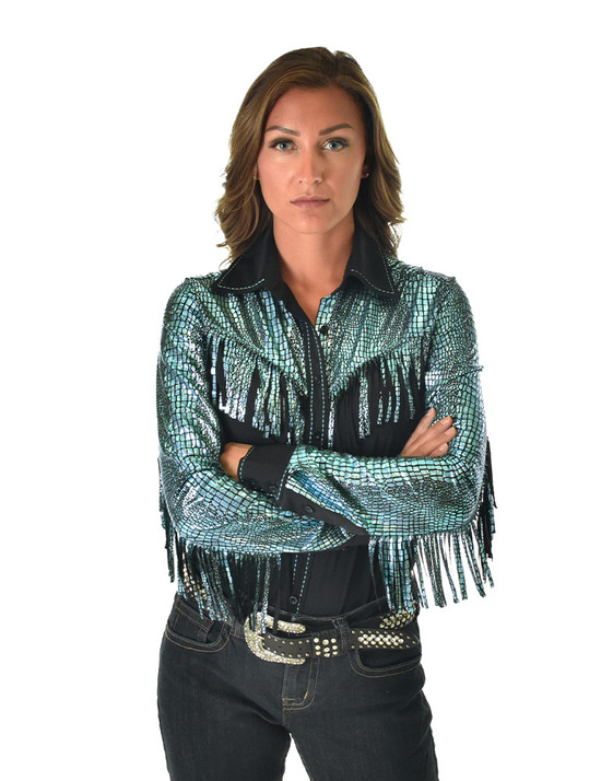 Pullover Button Up (Black Breathe Lightweight with Turquoise Metallic Accents and Fringe)