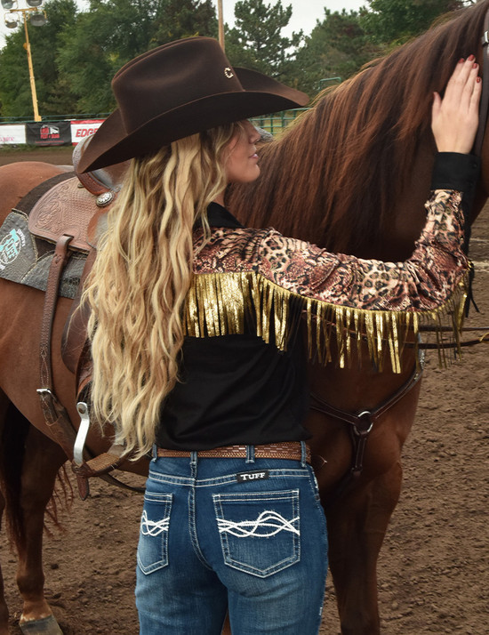 Pullover Button Up (Black Stretch Faux Leather With Animal Print And Gold Foil/Fringe)