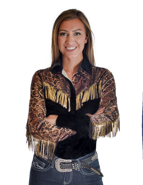 Pullover Button Up (Black Stretch Faux Leather With Animal Print And Gold Foil/Fringe)