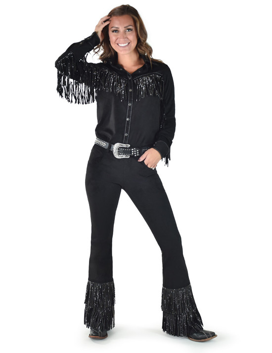 Bling Fringe Flare Pants (Black Mid-weight Faux Leather With