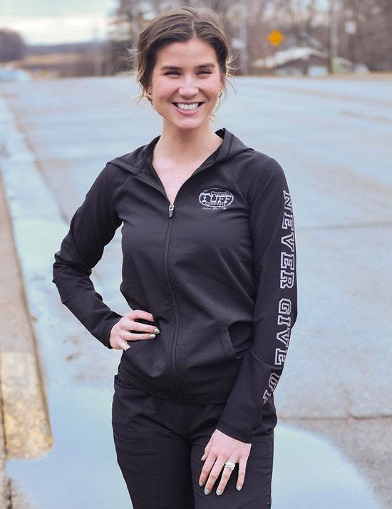 Full Zip Hoodie  (Black Mid-Weight Stretch Unlined Microfiber With Gray Printed Logos)