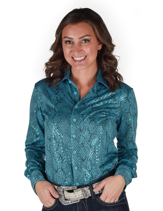 Pullover Button Up (Turquoise Metallic Snakeskin Lightweight Stretch Jersey)