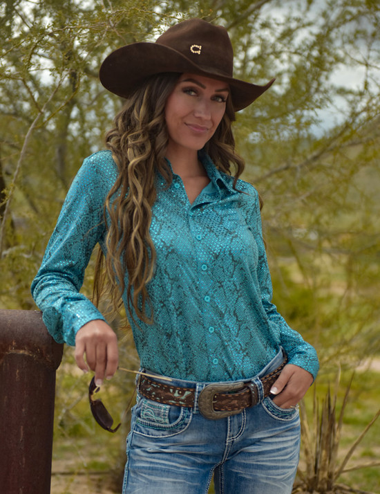 Pullover Button Up (Turquoise Metallic Snakeskin Lightweight Stretch Jersey)