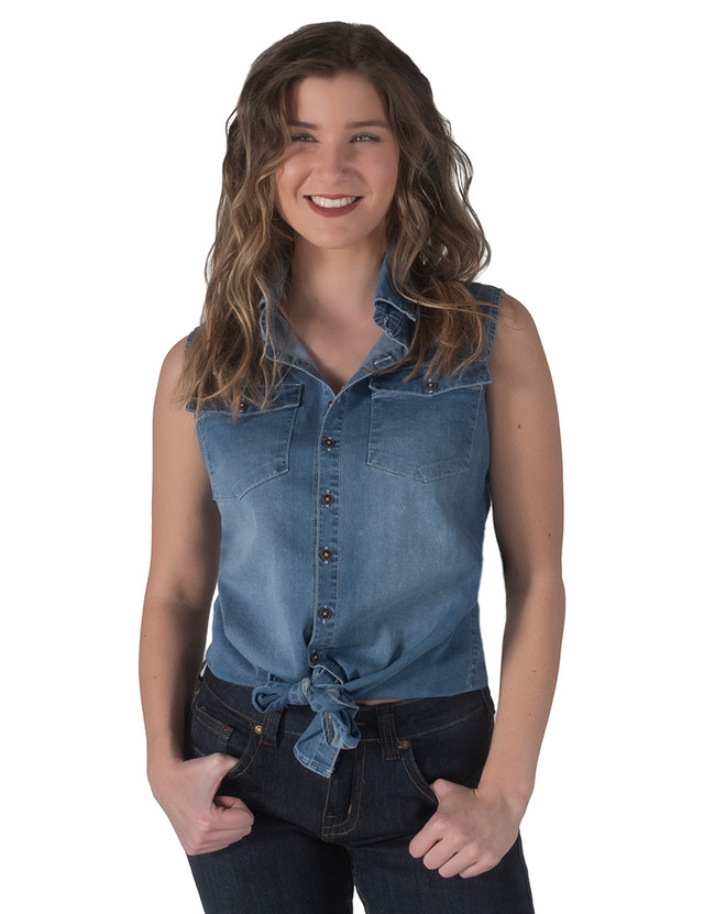 Sleeveless Denim Button-Down (medium wash)