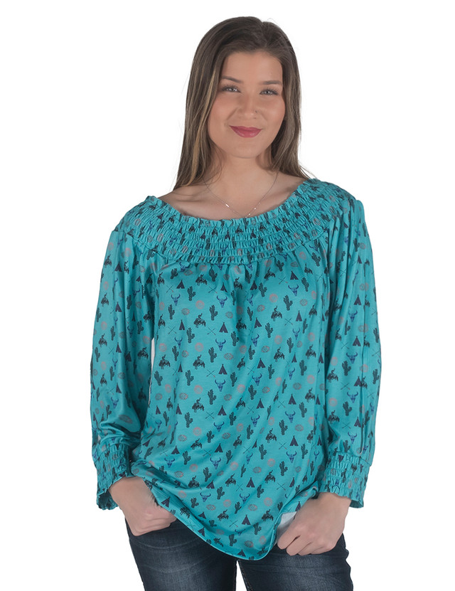 Turquoise Western Print Off-Shoulder Long Sleeve Top