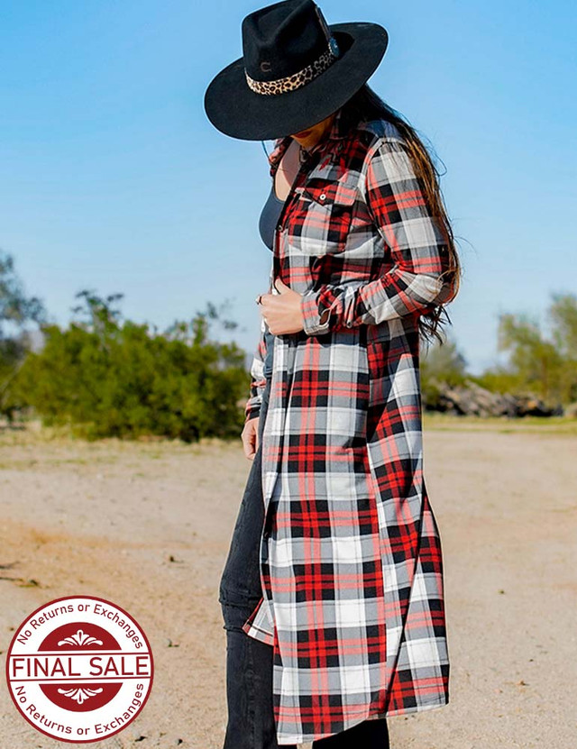 Plaid print duster with mosaic back embroidery (Red/Cream)