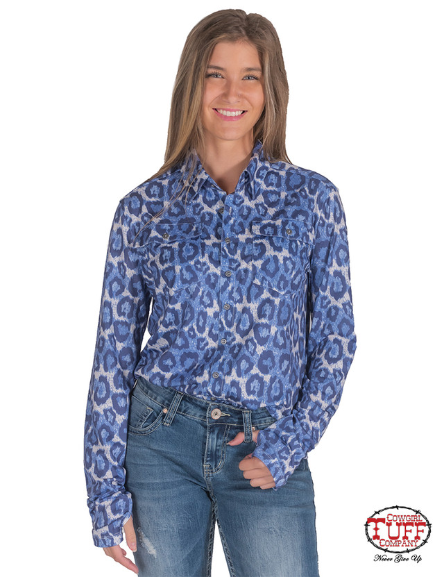 Pullover Button-Up (blue leopard print)