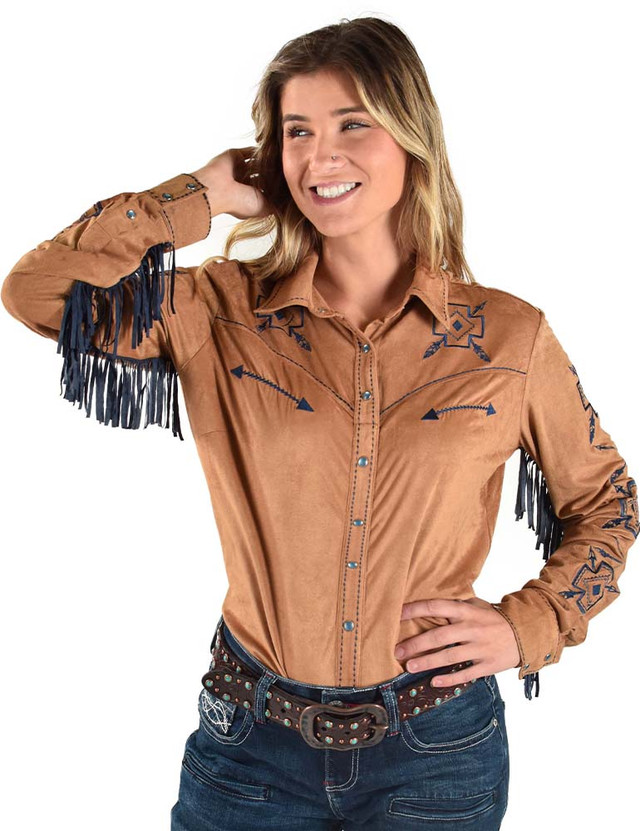 Pullover Button-Up (Tan with Blue Fringe Mid-weight Stretch Suede)