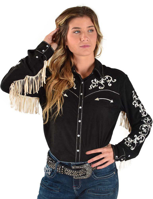 Pullover Button-Up (Black with Cream fringe Mid-weight Stretch Suede)