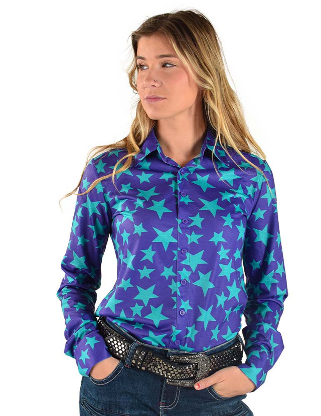 Pullover Button-Up (Purple and Turquoise Stars Mid-weight Stretch Jersey)