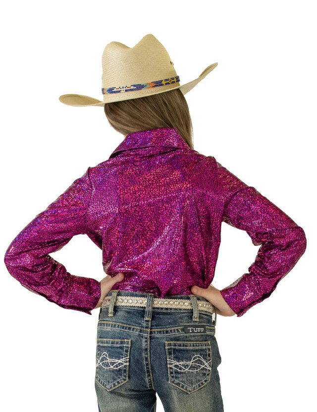 Girls Pullover Button-Up (Hot Pink Metallic Lightweight Stretch Jersey)