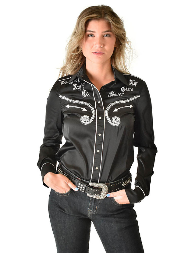 Pullover Button-Up (Black Lightweight Stretch Satin with White Embroidery)