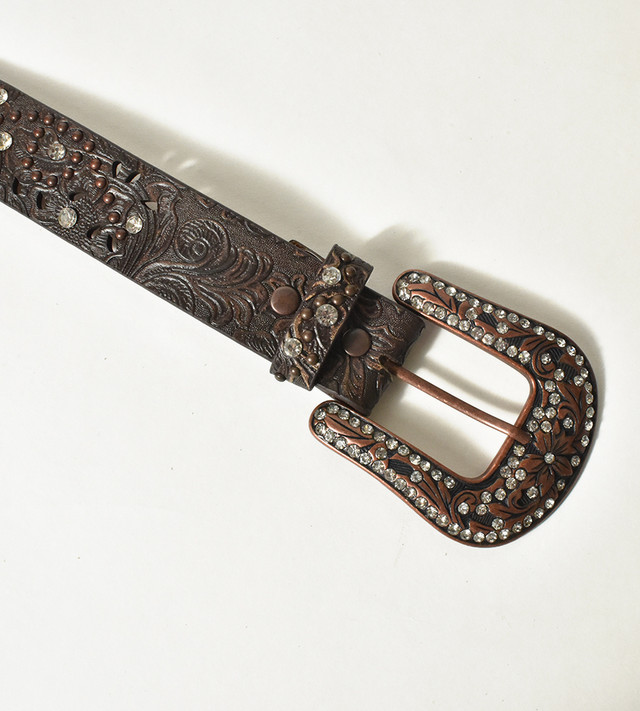 Brown Leather Rhinestone Studded Belt with Copper Rivets