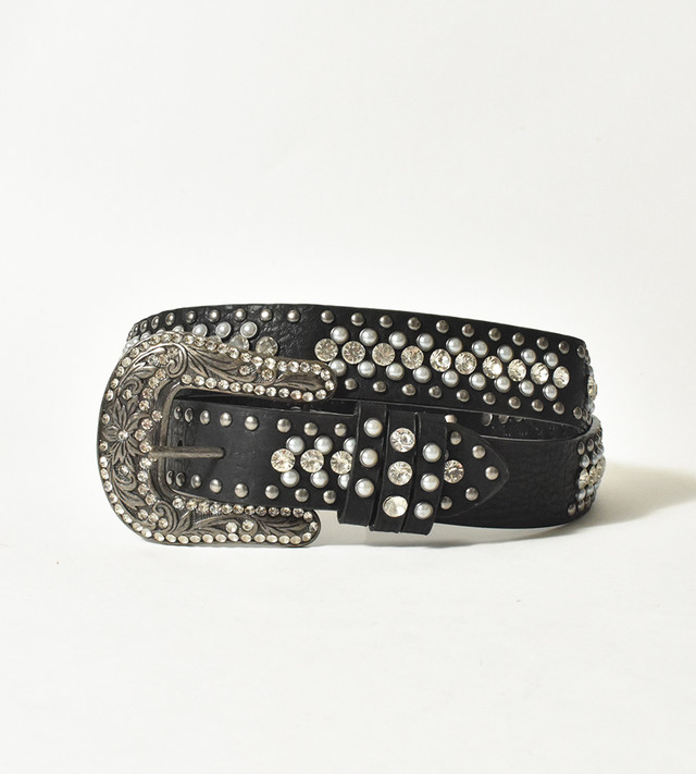 Black Leather Pearl Rhinestone Studded Belt with Pewter Rivets and hardware