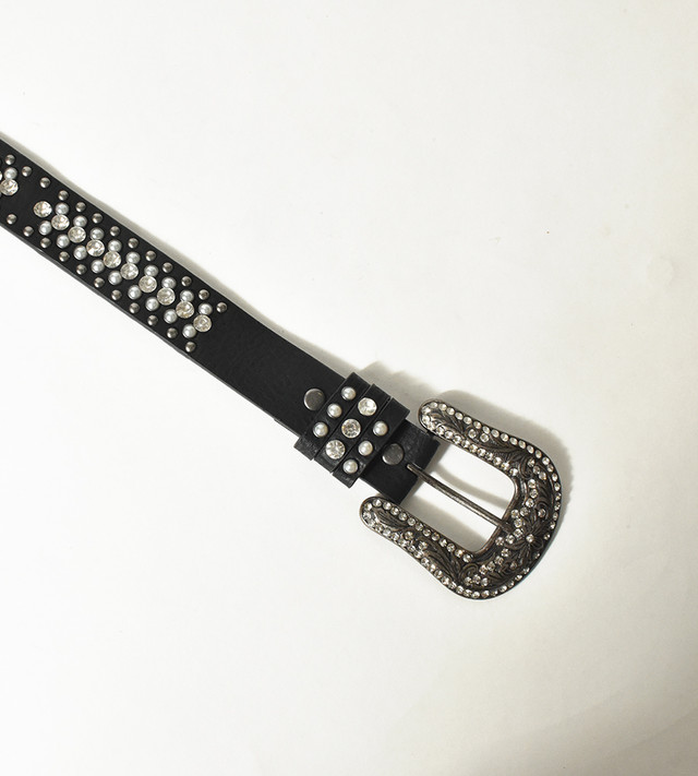 Black Leather Pearl Rhinestone Studded Belt with Pewter Rivets and hardware