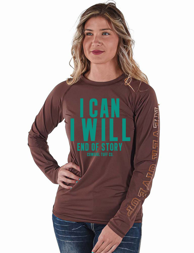 Long Sleeve Breathe Tee - I Can I Will (brown with turquoise print)