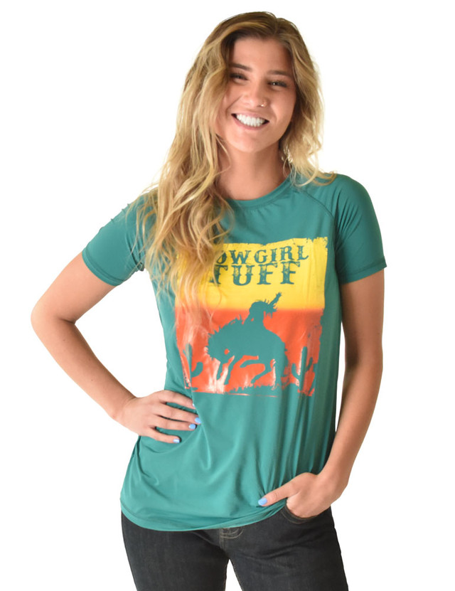 Short Sleeve Breathe Tee - Cowgirl Tuff Desert (jade with multi-color print)