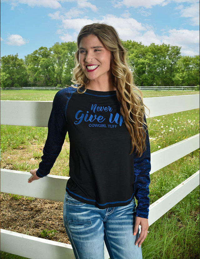 LS Tee with Never Give Up Embroidery (Black Lightweight Slub with Blue Shimmer Breathe Sleeves)