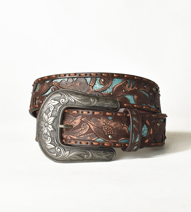 Brown Embossed Leather Belt with Glitz, Copper Stitching, Antique Silver Studs and Buckle