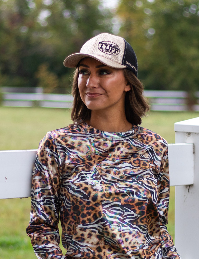 Cowgirl Tuff Trucker Cap. Champagne Shimmer with Black Embroidery