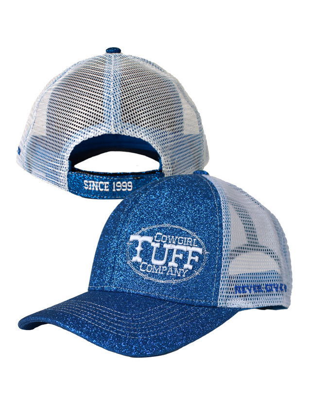 Cowgirl Tuff Trucker Cap. Blue Shimmer with White Embroidery