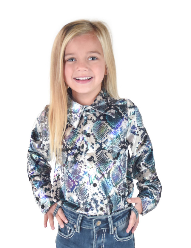 Girls Pullover Button Up (Colorful Snake Print With Multicolor Foil in Velvet Heavier Weight)