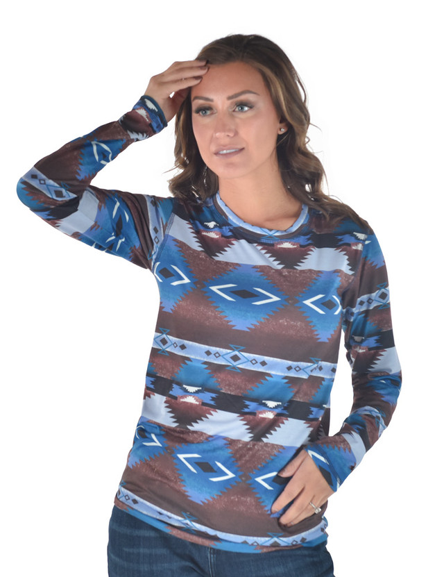 Long Sleeve Tee (Brown And Blue Western Print Mid-weight Stretch Jersey)