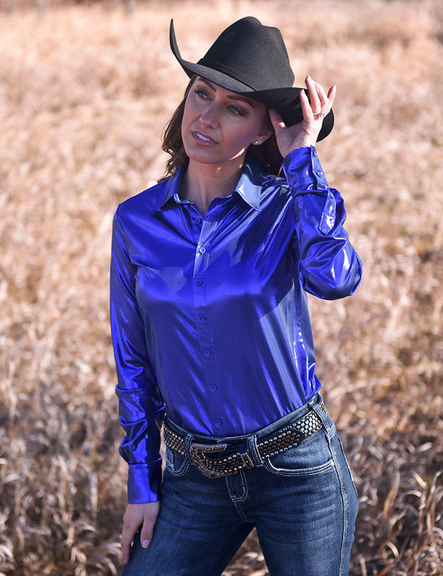 Cowgirl Tuff Pullover Arena Shirt - Sapphire Stretch Satin With Sheer Velvet Mesh Sleeves