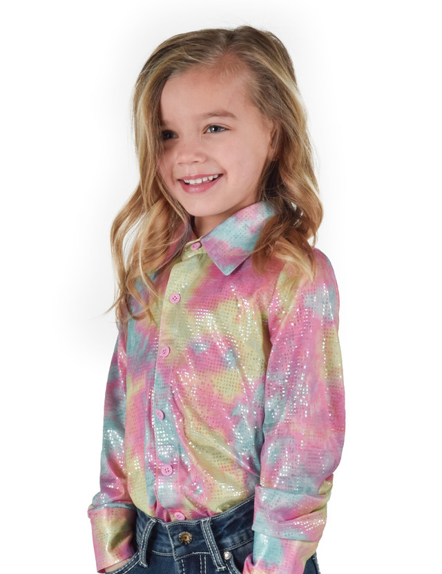 Girls Pullover Button Up (Multicolor Cotton Candy Print Lightweight Stretch Jersey)