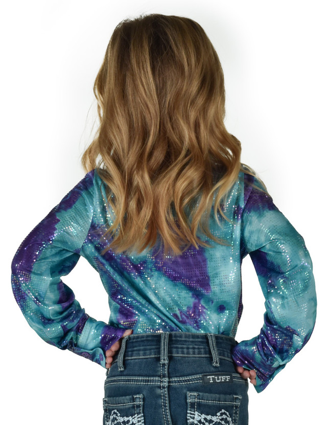 Girls Pullover Button Up (Turquoise and Purple Cotton Candy Print Lightweight Stretch Jersey)