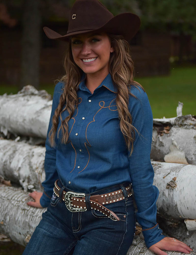 Cowgirl Tuff Pullover Arena Shirt - Denim With Leopard & Turquoise