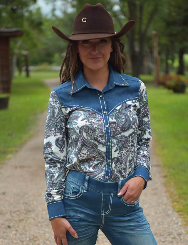 Cowgirl Tuff Pullover Arena Shirt - Blue With Colorful Paisley