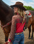 Pullover Button-Up (Red Lightweight Breathe with Sheer Leopard Accents, Rose Patches, and Fringe)
