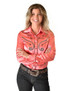 Pullover Button-Up (Coral Lightweight Stretch Satin with Brown Embroidery)