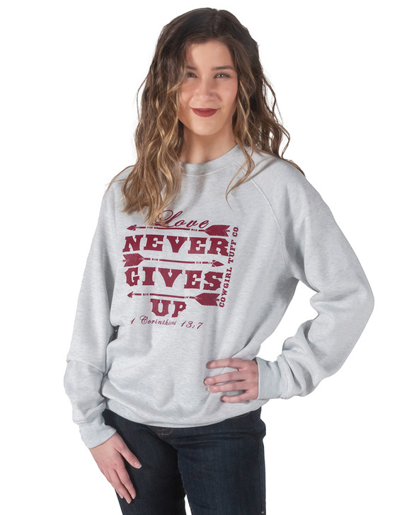 Love Never Gives Up Ladies Fit Crew Neck Sweatshirt (Ash)