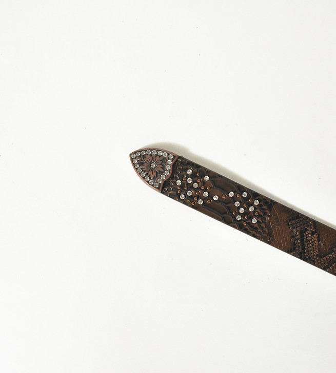 Rhinestone Studded Feather Leather Belt