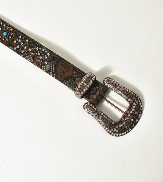 Rhinestone Studded Feather Leather Belt