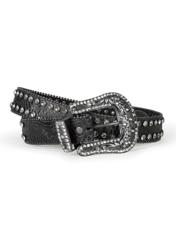 Black Two Line Rhinestone Studded Leather Belt