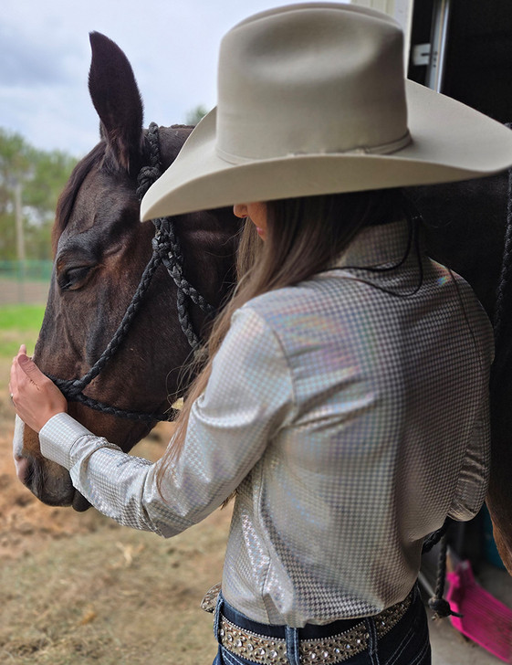 Pullover Button Up (Cream With Silver Foil Houndstooth Lightweight Stretch Jersey)