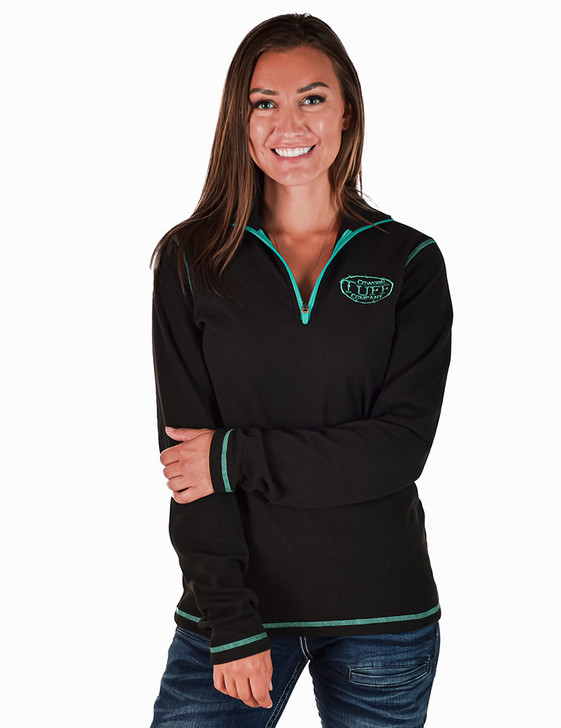 Black Fleece Stretch 1/4 Cadet Zip with Turquoise Stitching