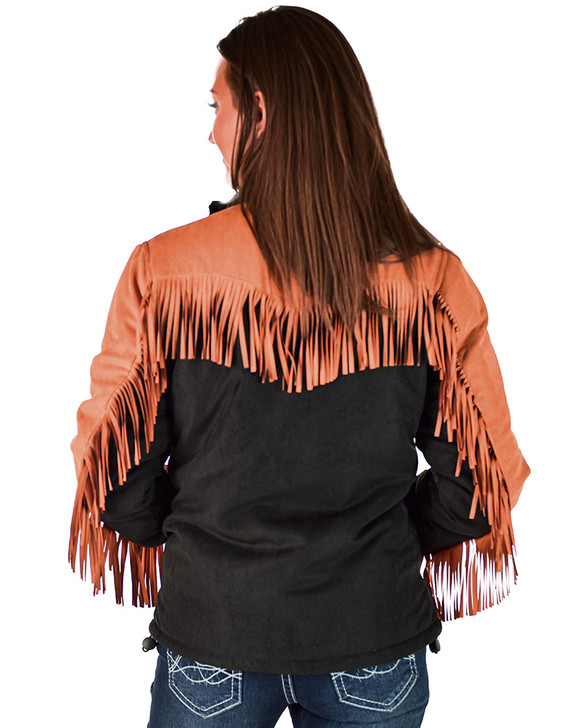 Tan & Black Soft Stretch Canvas Fleece Lined Fringe Jacket