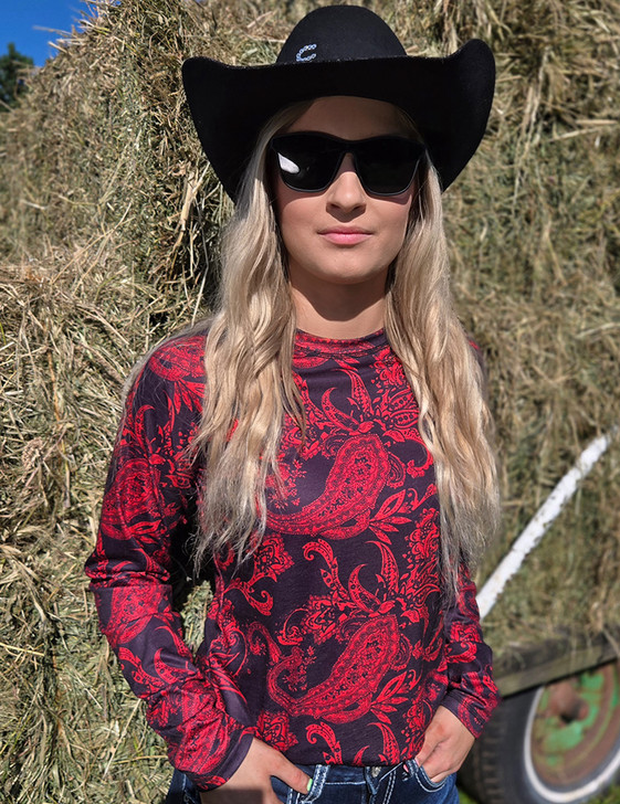 Black & Red Paisley Stretch Midweight Jersey Long Sleeve Baseball Tee