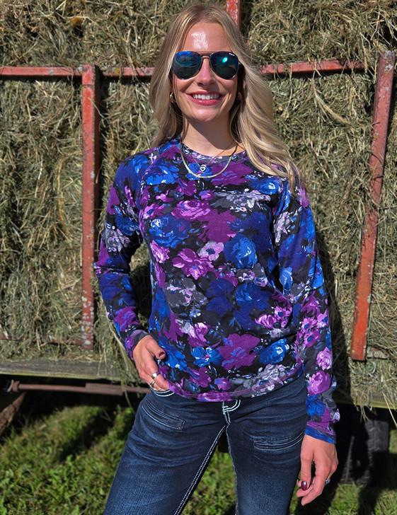 Lavendar Floral Stretch Midweight Jersey Longsleeve Baseball Tee