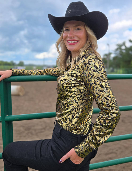 Gold & Black Iridescent Metallic Stretch Lightweight Pullover Button Up