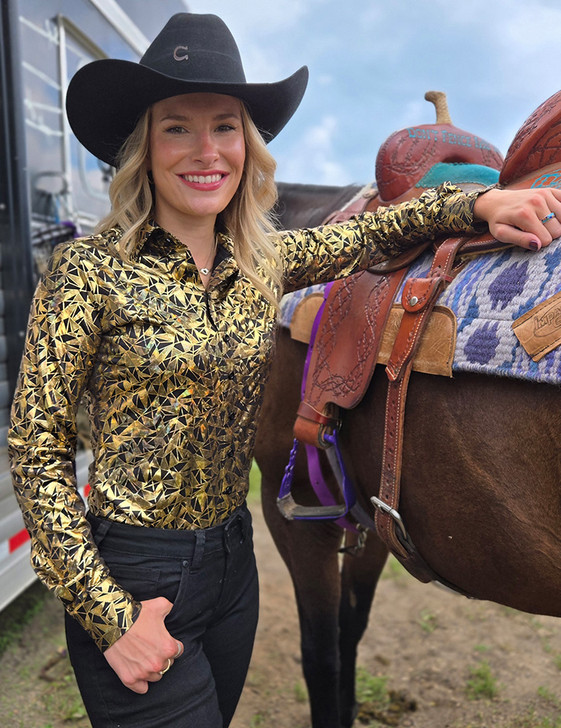 Gold & Black Iridescent Metallic Stretch Lightweight Pullover Button Up