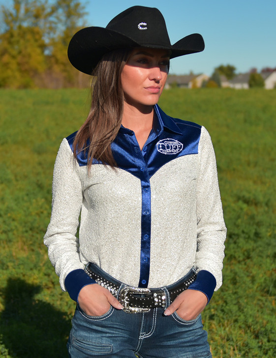 Pullover Button Up (White Sequins With Sapphire Satin Medium Weight Medium Stretch)