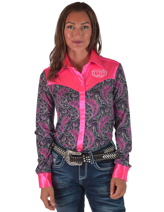 Pullover Button Up (Hot Pink Satin & Navy Paisley Medium Weight and Medium Stretch)