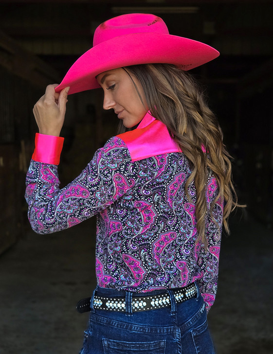 Pullover Button Up (Hot Pink Satin & Navy Paisley Medium Weight and Medium Stretch)