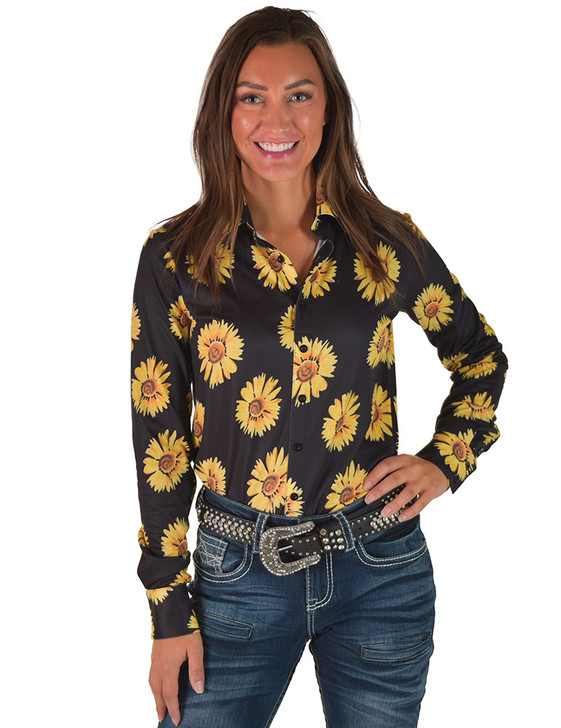 Gold Sunflowers on Black Jersey Pullover Button Up